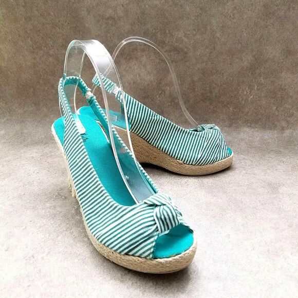 Dots Womens Joon 2  Sz 9 M Green Stripes Peep Toe Slingback 3.5" Heels Wedge - Picture 6 of 10